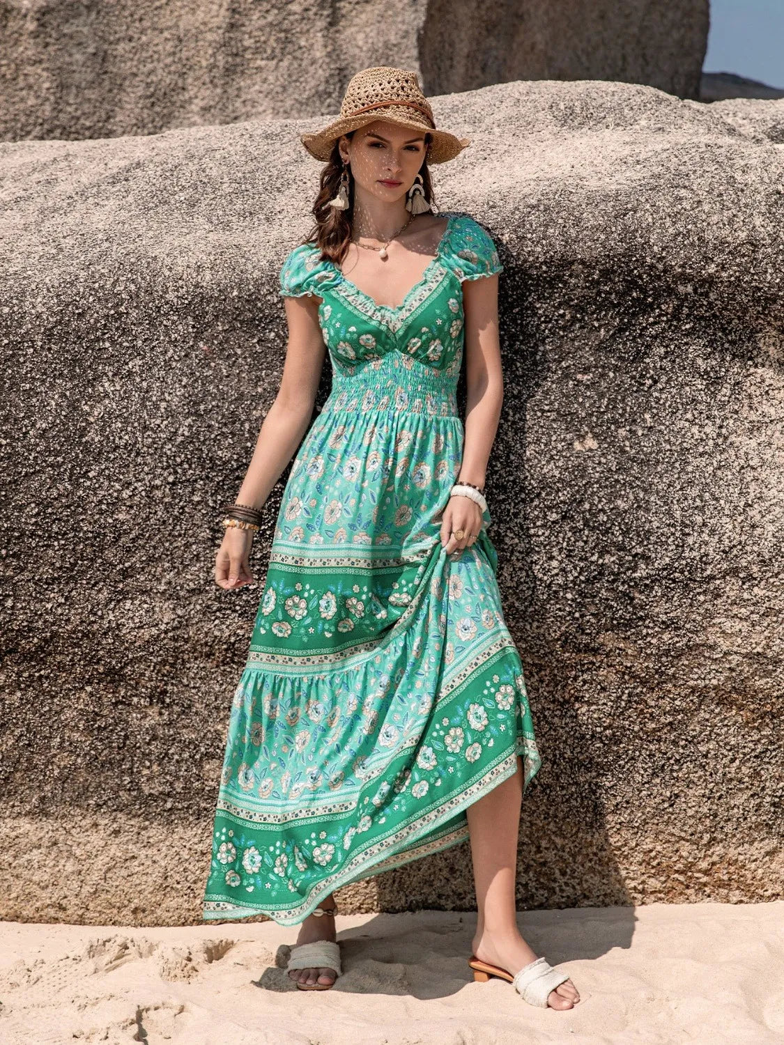 Image of Smocked Printed V-Neck Dress | Queeble.shop