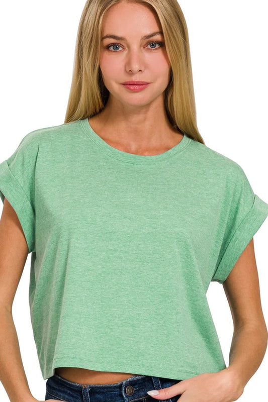 Image of Zenana Rolled Sleeve Crop T-Shirt | Queeble.shop
