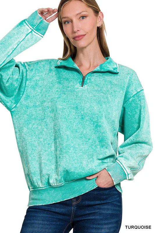 Image of Zenana Acid Wash Fleece Quarter Zip Sweatshirt | Queeble.shop