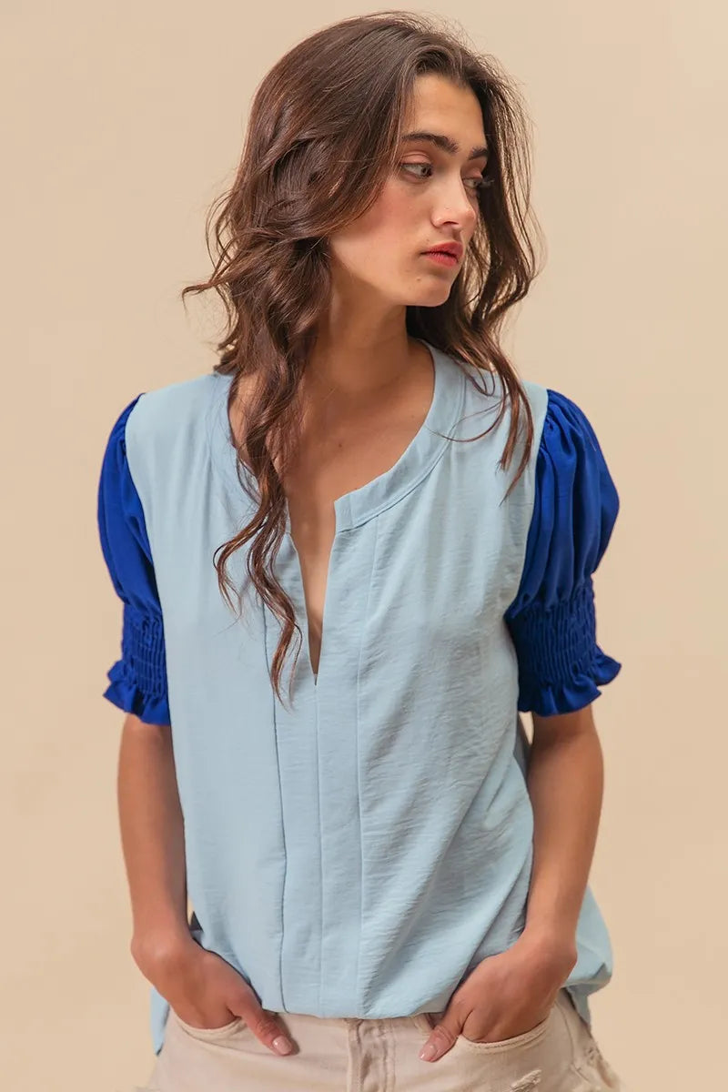 Image of BiBi Air Flow Color Block Puff Sleeves V Neck Top | Queeble.shop