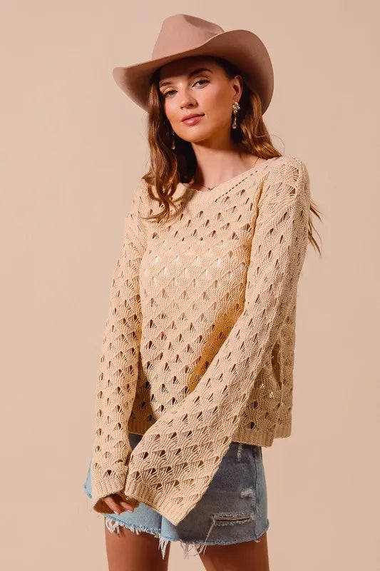 Image of SO ME Geometric Pattern Open Knit Lightweight Sweater | Queeble.shop