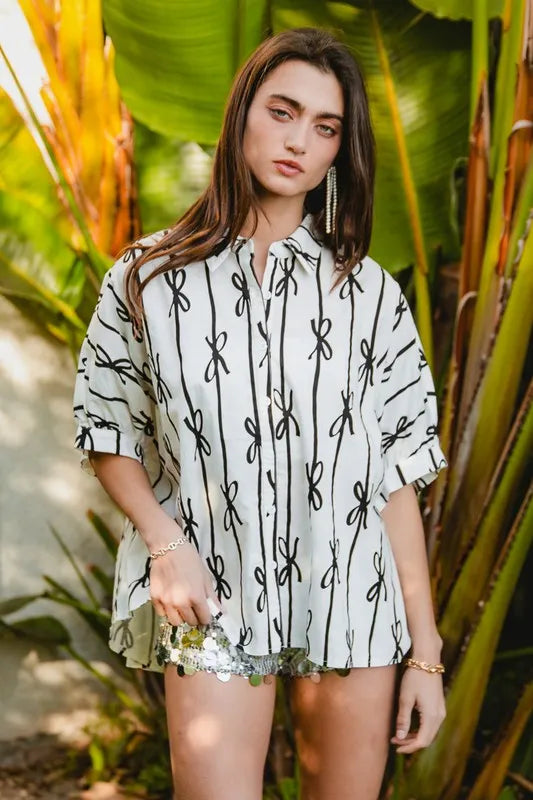 Image of BiBi Bow Ribbon Woven Printed Button Down Shirt | Queeble.shop