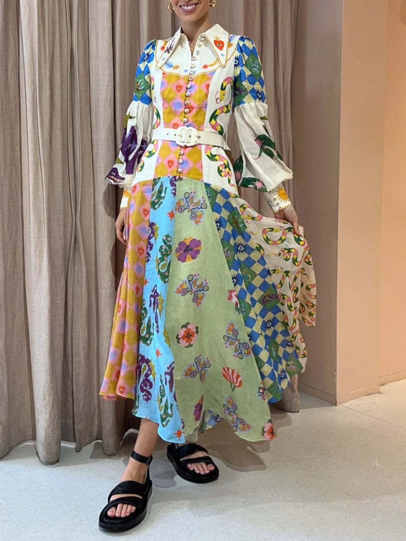 Image of Printed Lantern Sleeve Midi Shirt Dress | Queeble.shop