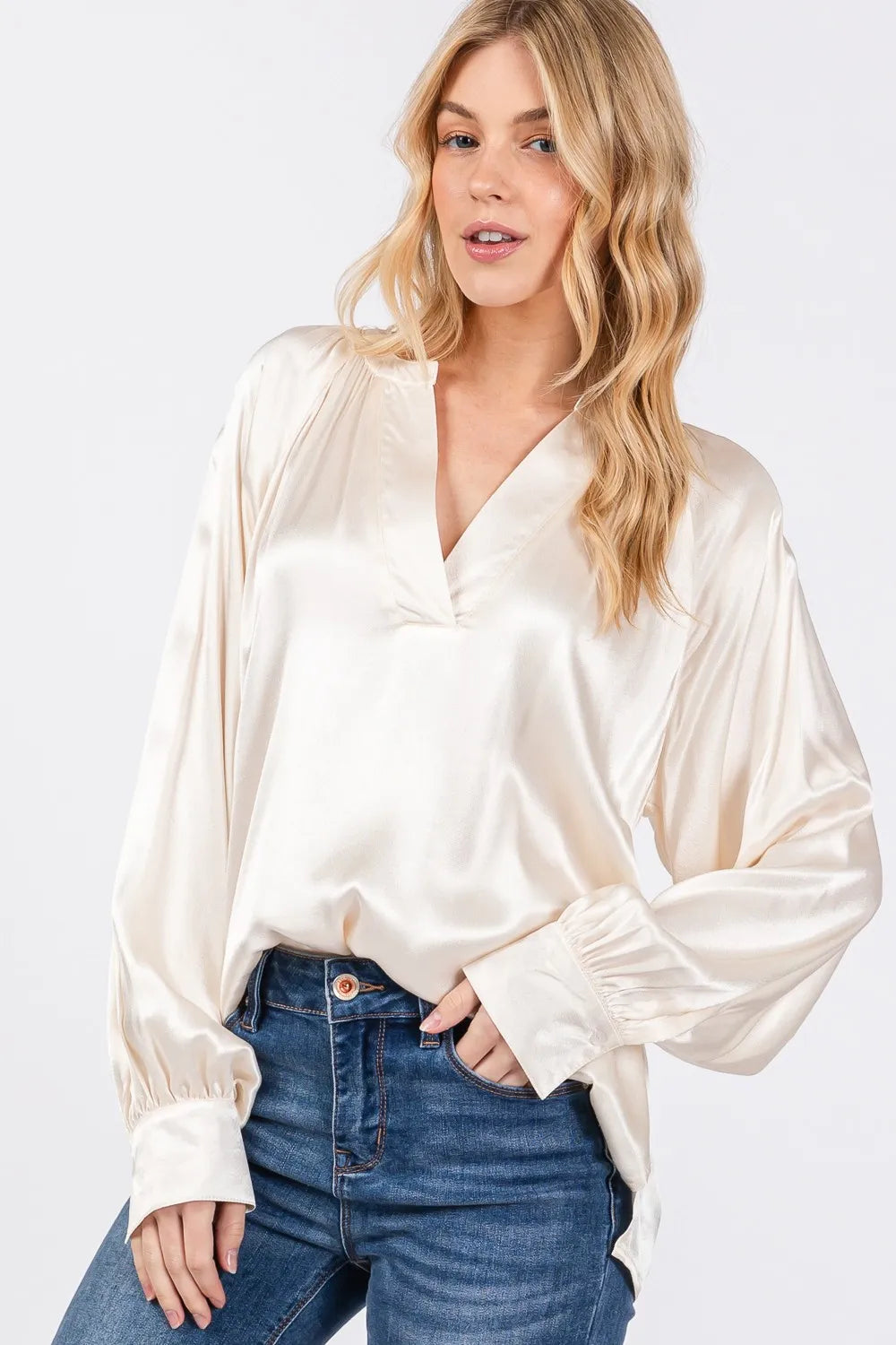 Image of SAGE + FIG Notched Long Sleeve Blouse | Queeble.shop