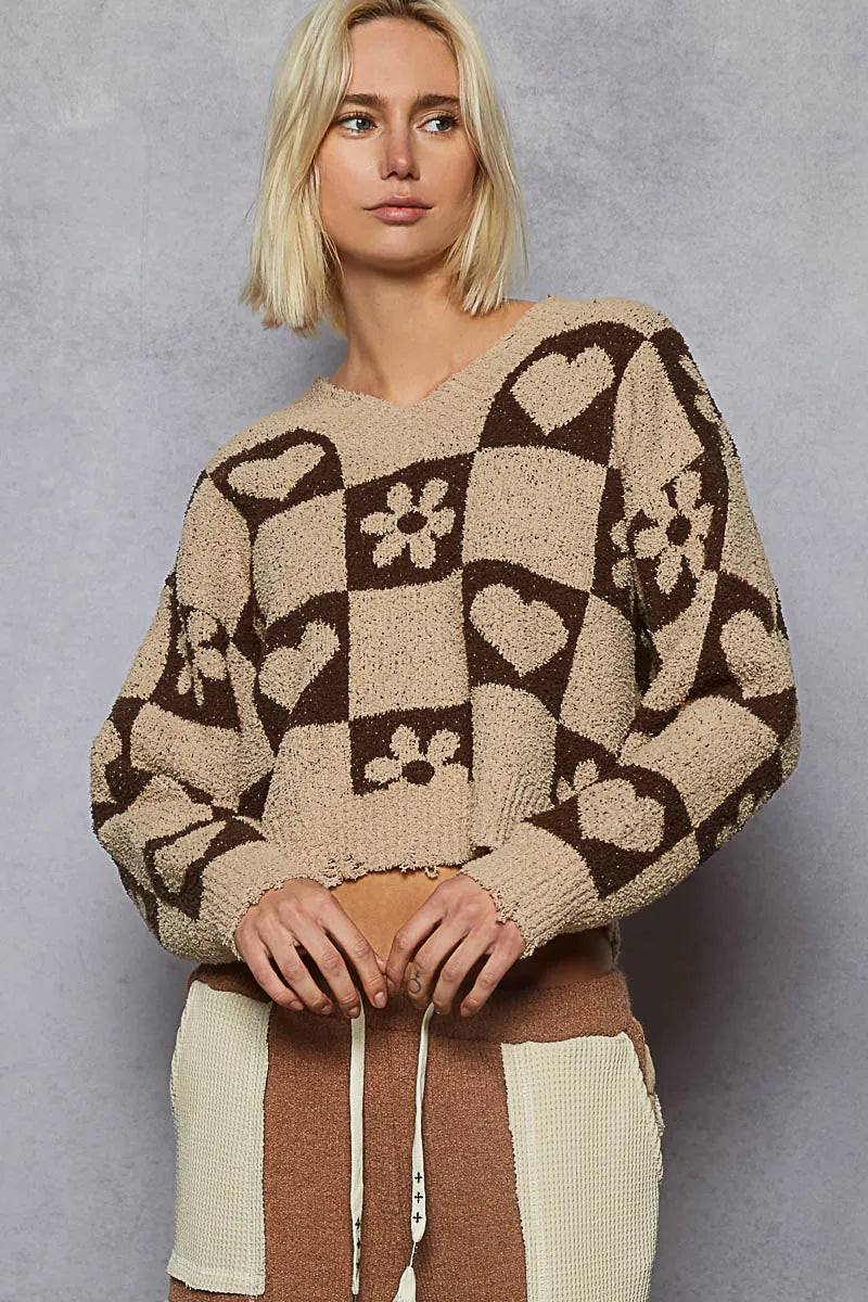 Image of POL V-Neck Heart Pattern Checkered Sweater | Queeble.shop