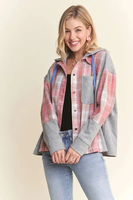 Image of ADORA Button Down Plaid Hoodie Shacket | Queeble.shop