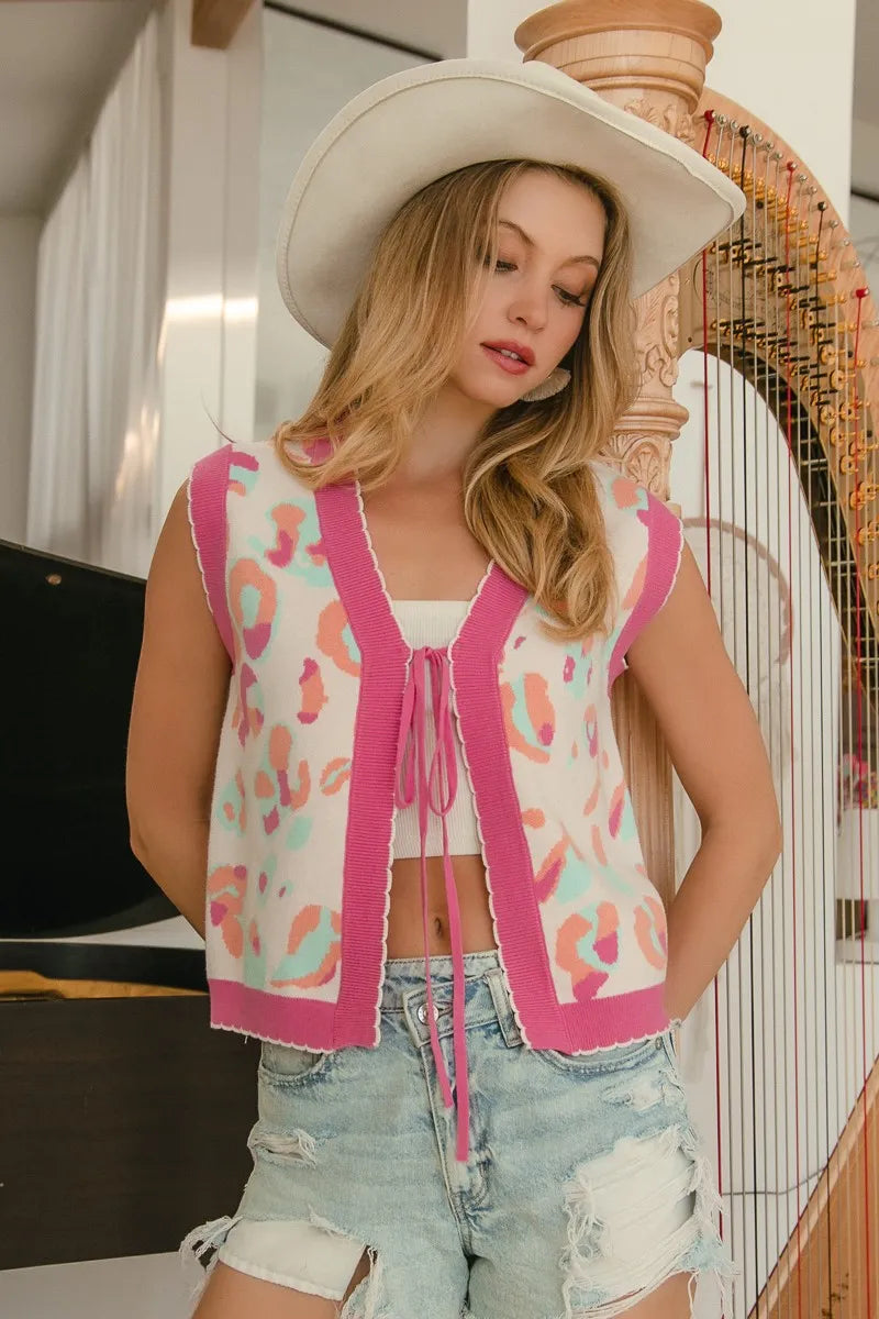 Image of BiBi Leopard Sweater Vest With Front Tie and Scallop Detail | Queeble.shop