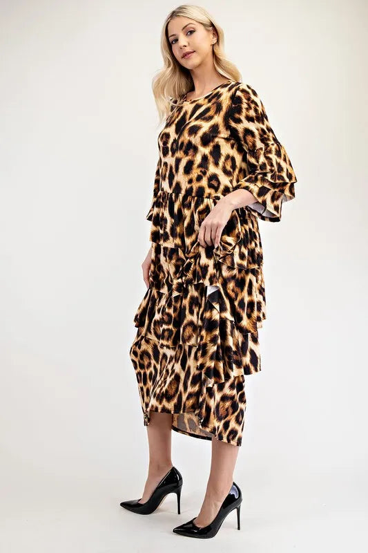 Image of Celeste Full Size Leopard Asymmetrical Ruffle Midi Dress Plus Size | Queeble.shop