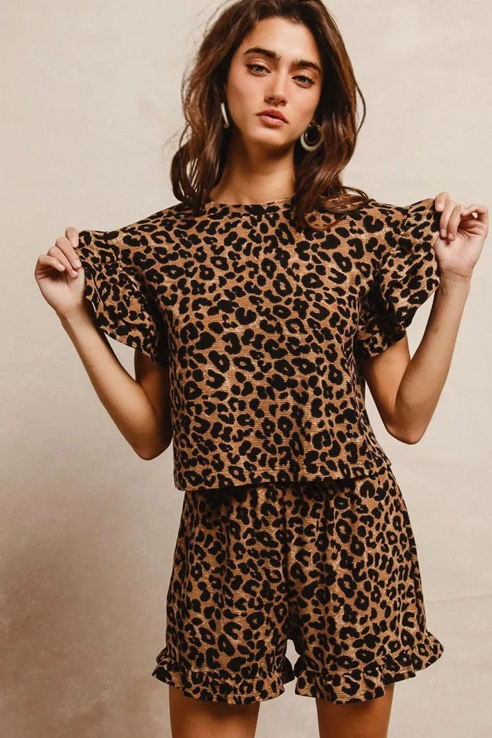 Image of BiBi Leopard Print Waffle Texture Layered Ruffle Sleeve Top and Shorts Set | Queeble.shop