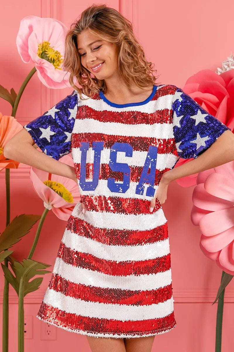 Image of BiBi American Flag Theme Usa Print Sequin Dress | Queeble.shop