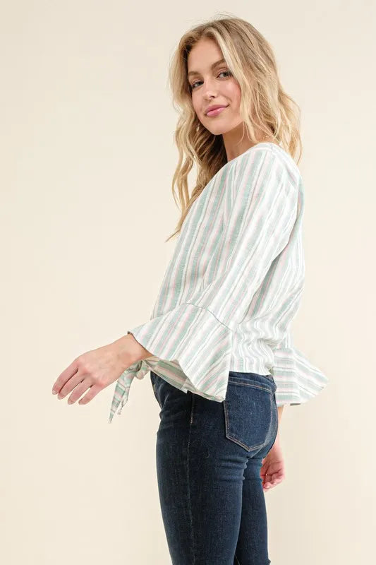 Image of And The Why Stripe Tie Knot Front Bell Sleeve Top | Queeble.shop