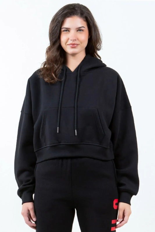 Image of American Bazi Letter Graphic Long Sleeve Drawstring Cropped Hoodie | Queeble.shop
