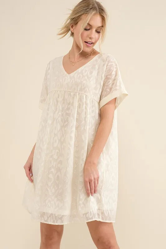 Image of And The Why Woven Leopard Baby Doll Roll-Sleeve Casual Dress | Queeble.shop