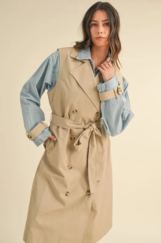 Image of MABLE Layered Look Trench Coat With Denim Jacket | Queeble.shop