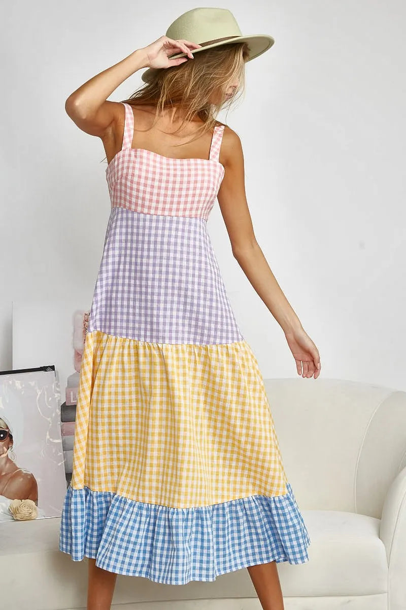 Image of BiBi Color Block Tiered Gingham Dress | Queeble.shop