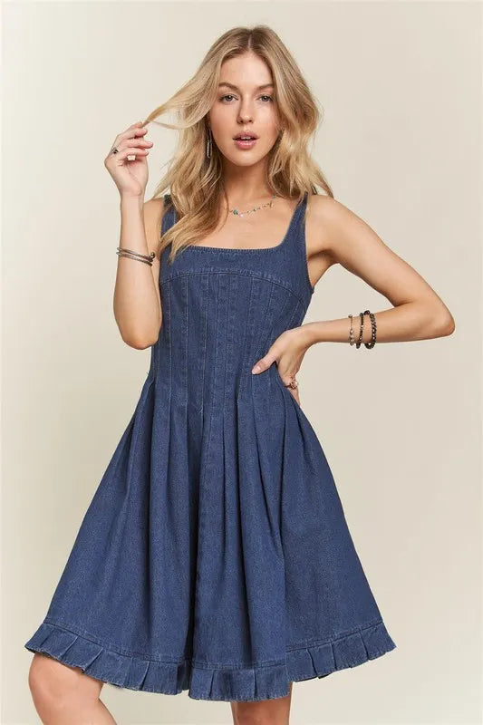 Image of ADORA Smocked Back Square Neck Denim Dress | Queeble.shop