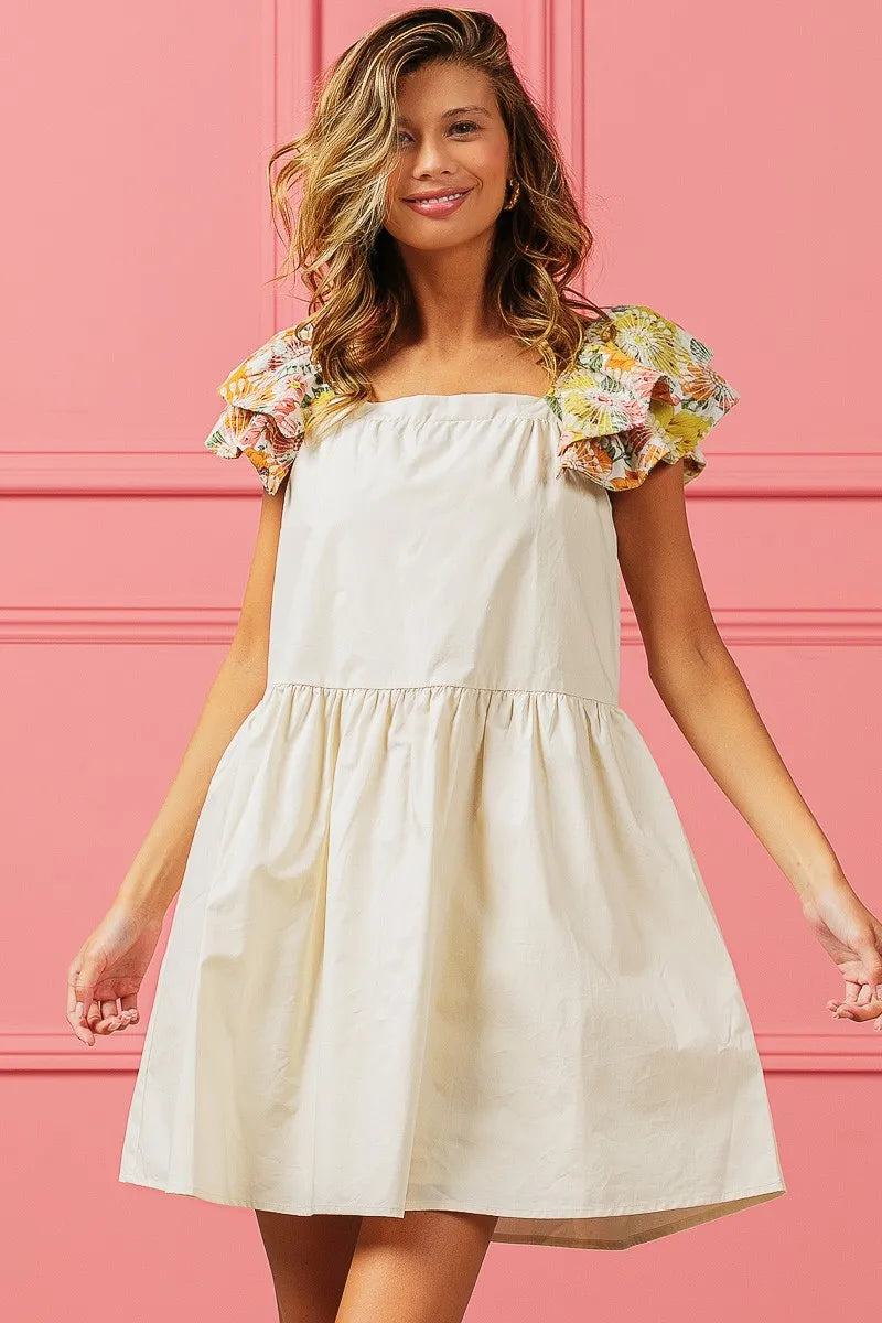 Image of BiBi Flower Embroidered Floral Print Sleeve Dress | Queeble.shop