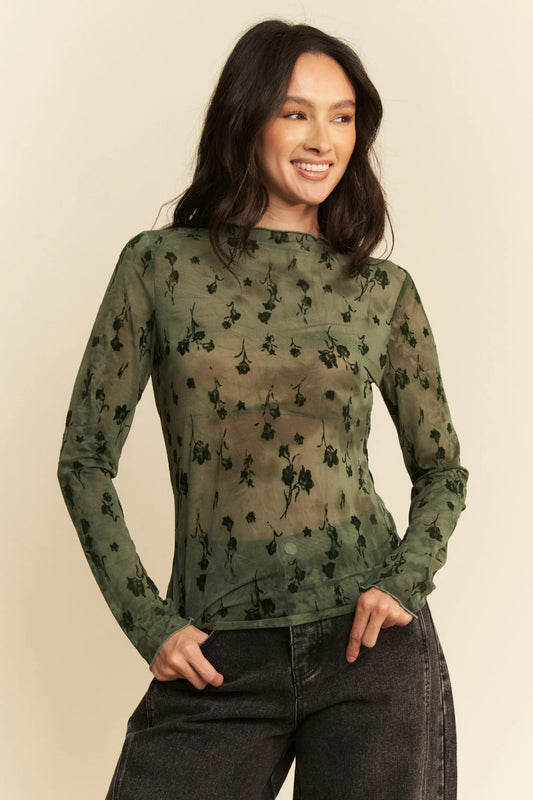 Image of Davi & Dani Floral Mesh Long Sleeve Sheer Layering Top | Queeble.shop