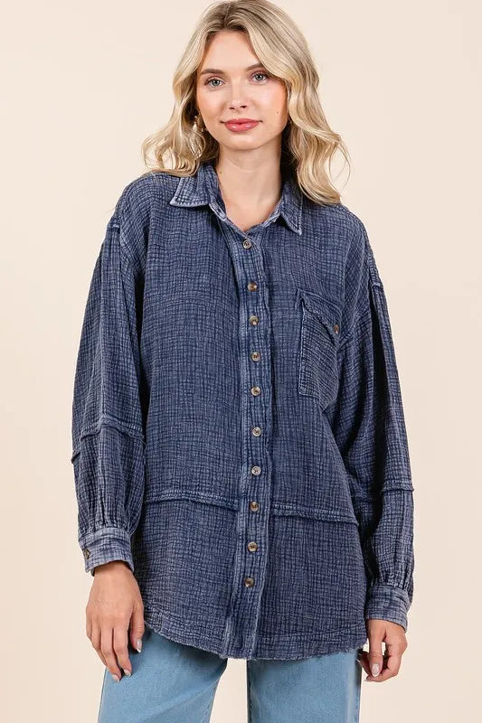 Image of Mittoshop Textured Collared Neck Long Sleeve Shirt | Queeble.shop