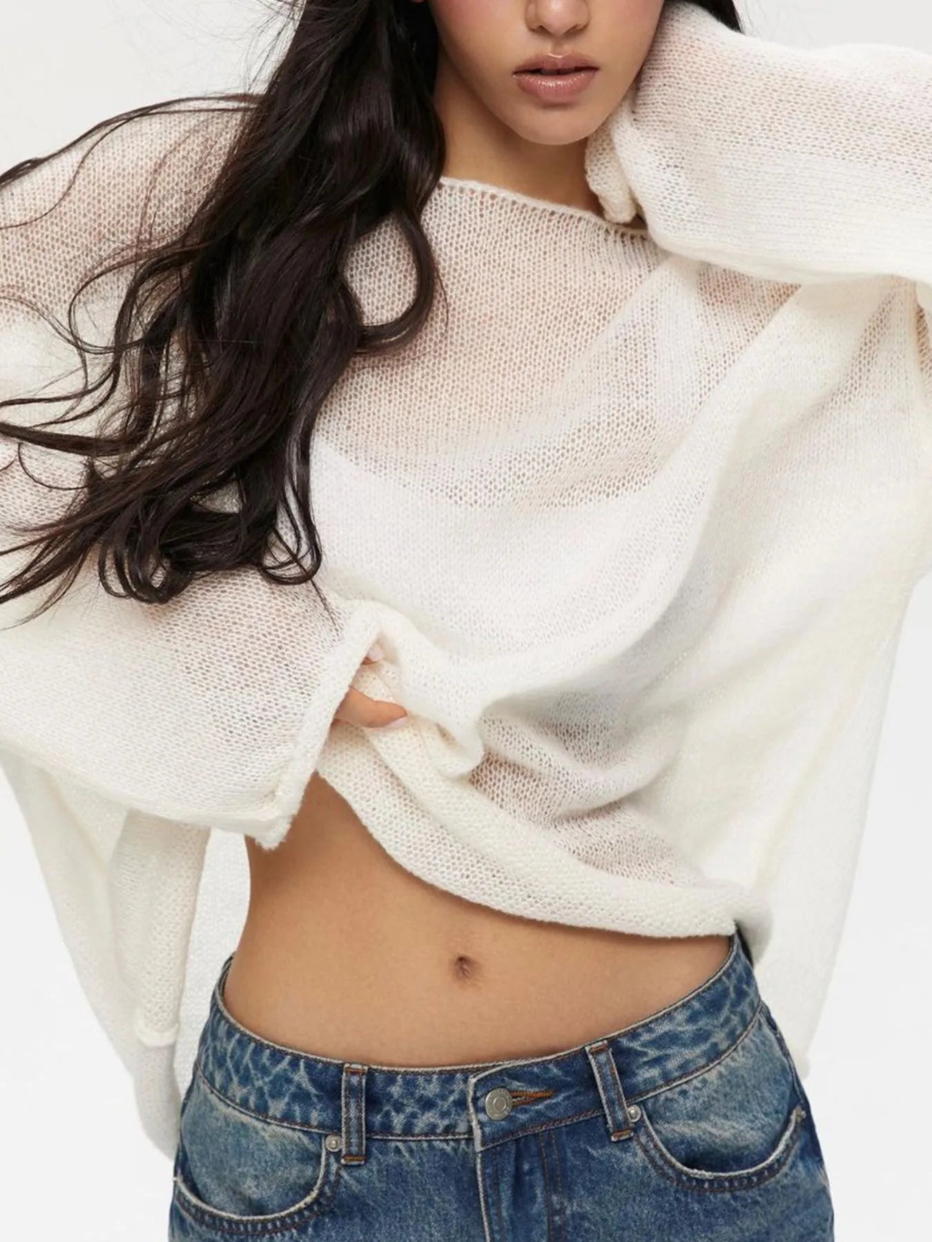 Image of Oversized Drop Shoulder Sheer Knit Top | Queeble.shop