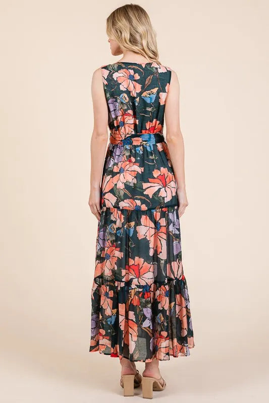 Image of Lime 'N' Chili Floral Print Sleeveless Tie Waist Maxi Dress | Queeble.shop