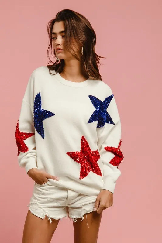 Image of BiBi Velvet Sequin Star Patches Sweater Top | Queeble.shop
