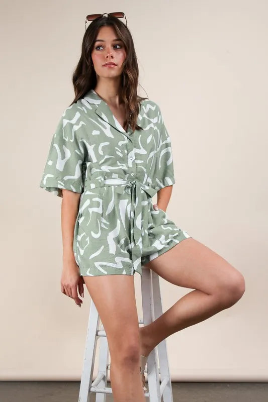 Image of VERY J Oversized Printed Button Down Resort Romper | Queeble.shop