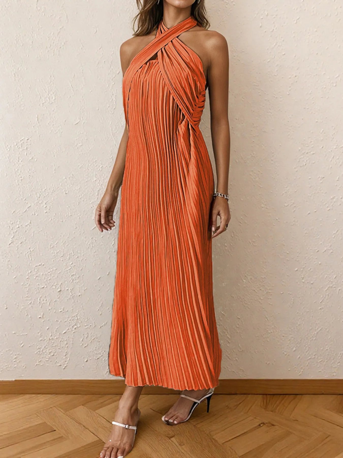 Image of Pleated Halter Neck Midi Dress | Queeble.shop