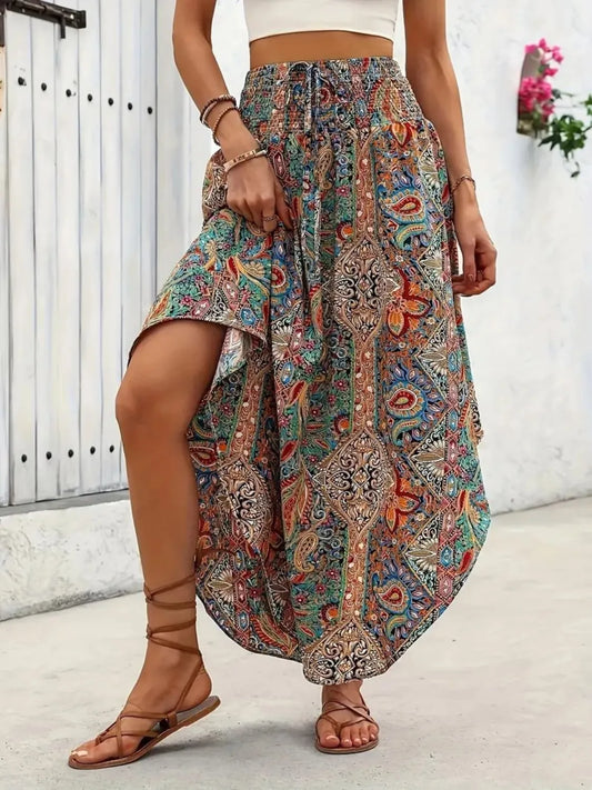 Image of Asymmetrical Smocked Printed Skirt | Queeble.shop