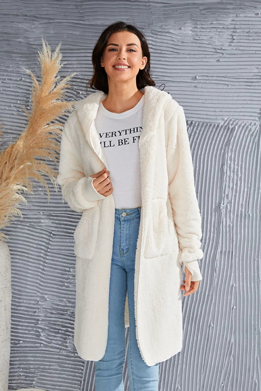 Image of Double Take Full Size Hooded Teddy Bear Jacket with Thumbholes | Queeble.shop
