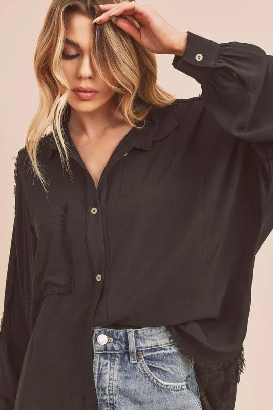 Image of Aemi + Co Raw Edge Exposed Seam Collared Neck Long Sleeve Shirt | Queeble.shop
