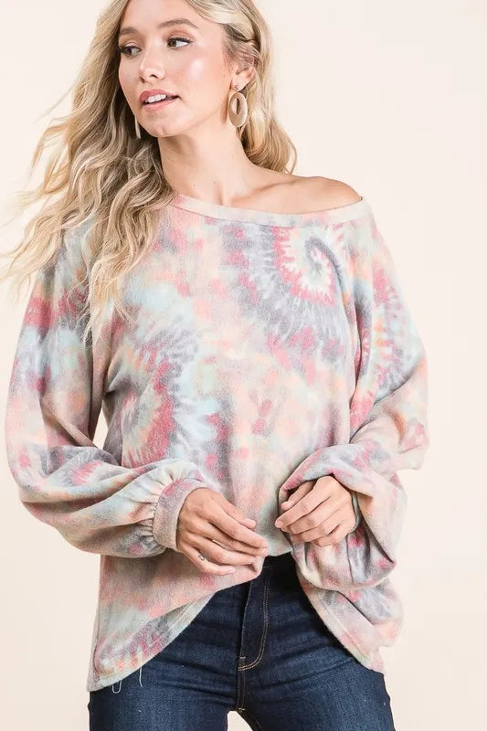 Image of BiBi Brushed Tie Dye Print Top with Puff Sleeves | Queeble.shop