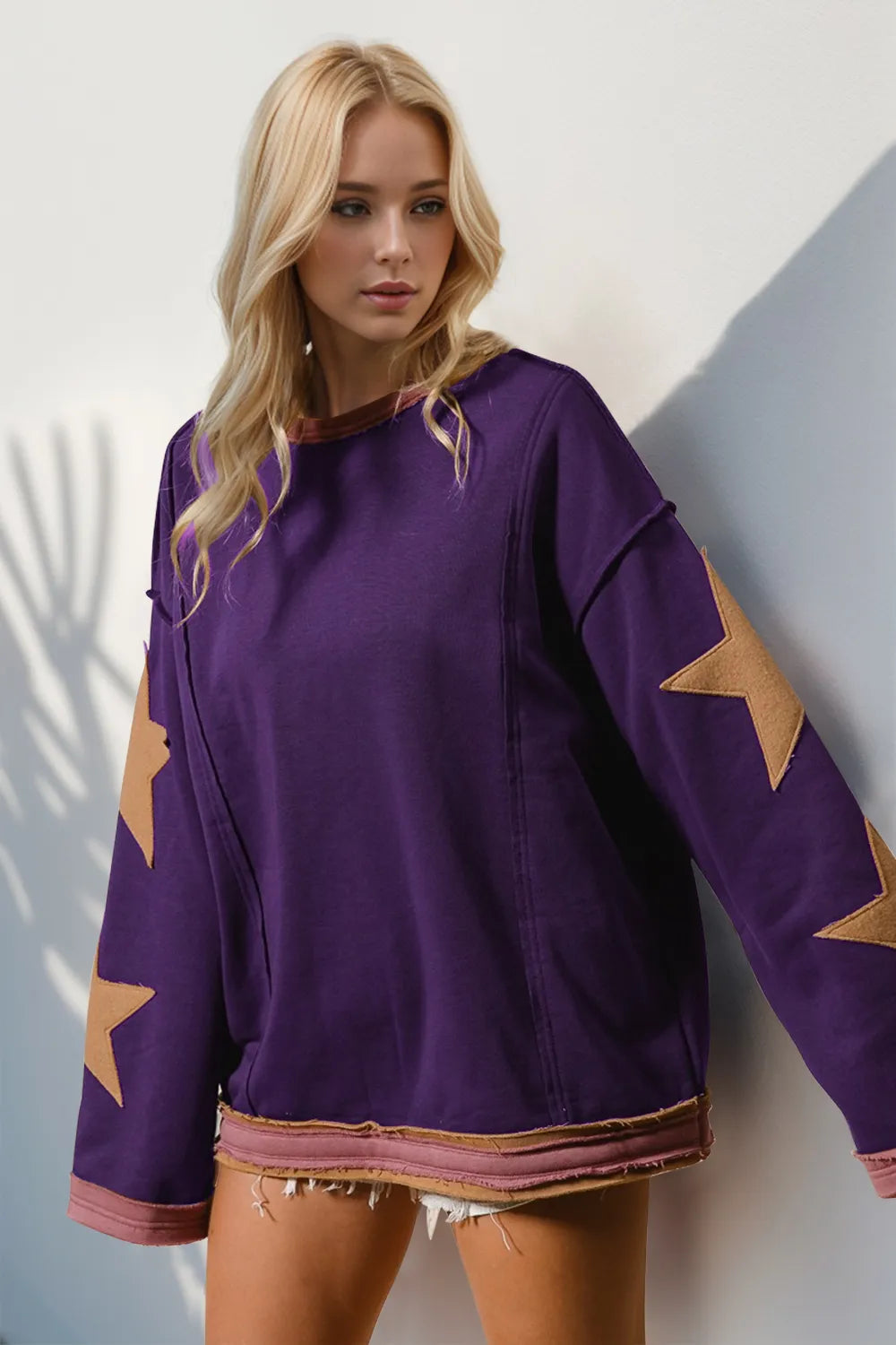 Image of Double Take Star Patched Long Sleeve Sweatshirt | Queeble.shop