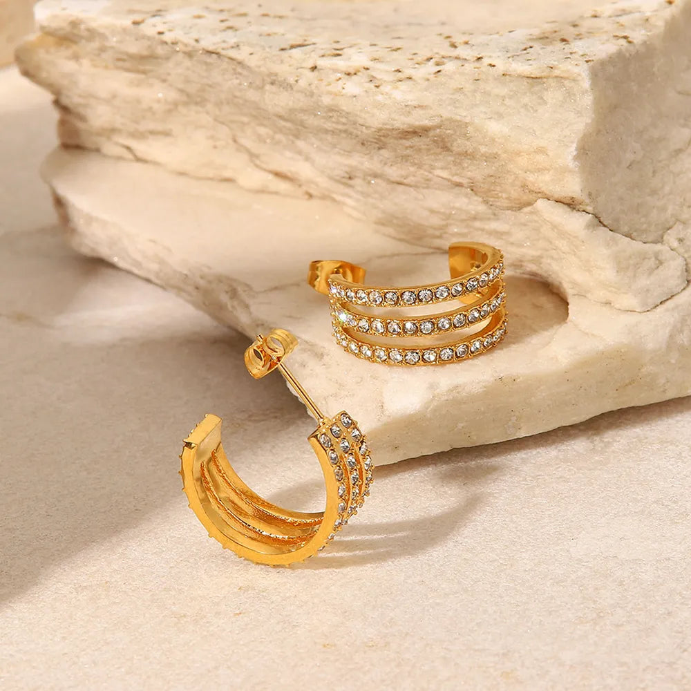 Image of Stainless Steel Inlaid Zircon C-Hoop Earrings | Queeble.shop