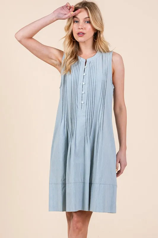 Image of Lime 'N' Chili Denim Pintuck Detail Sleeveless Midi Dress | Queeble.shop