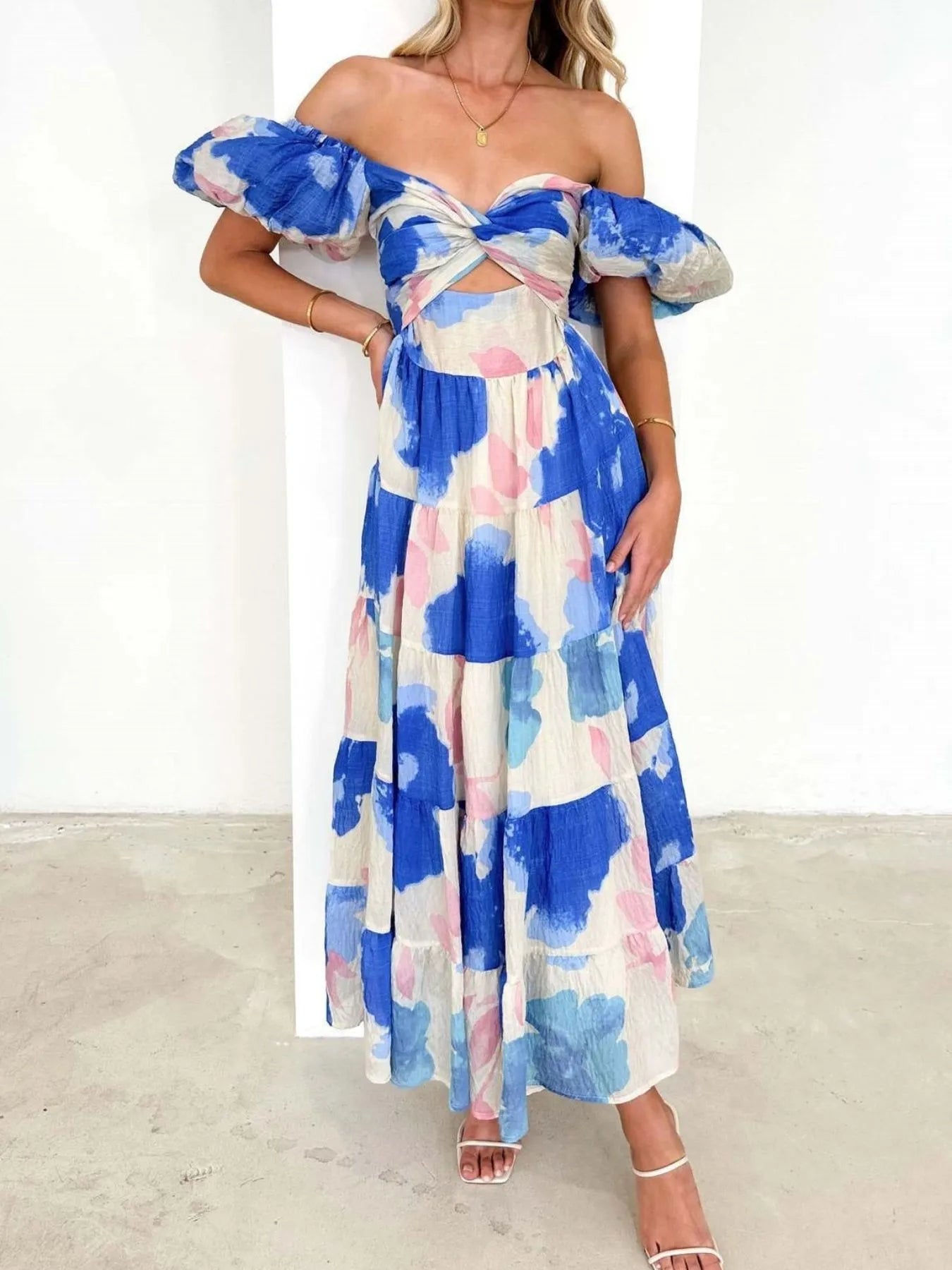 Image of Off-Shoulder Floral Tiered Dress with Ruffle Details | Queeble.shop