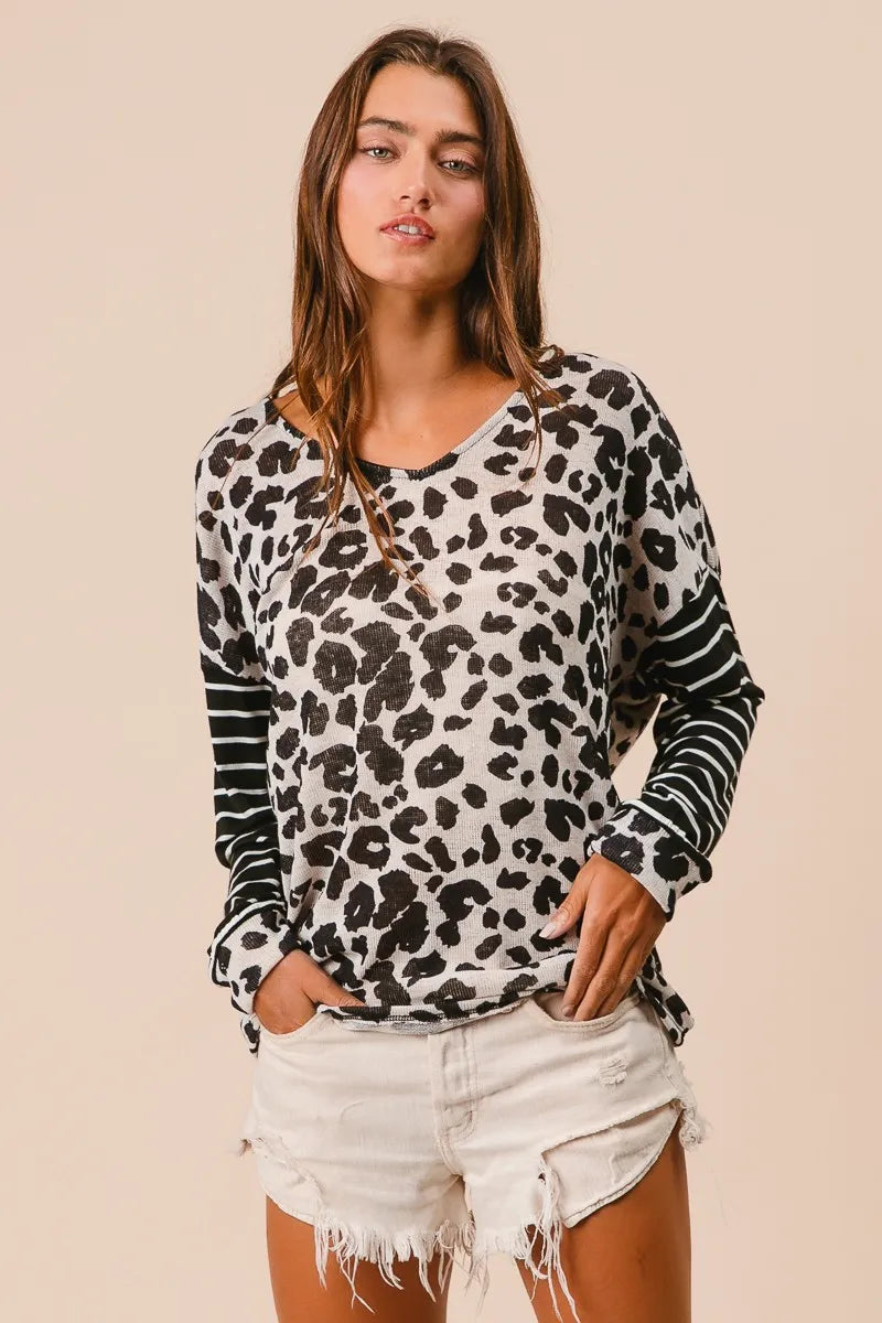 Image of BiBi Leopard Hacci Knit Twist Back Top With Stripe Sleeve | Queeble.shop