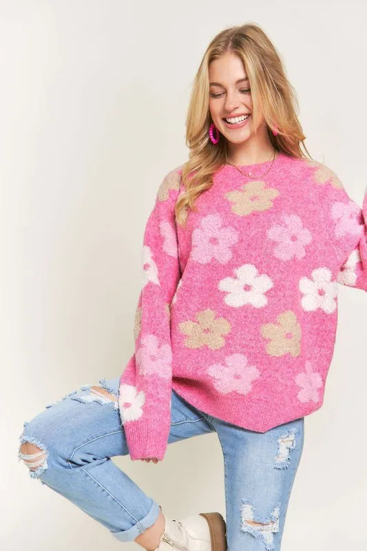 Image of ADORA Full Size Floral Popped 2-Tone Sweater Top Plus Size | Queeble.shop
