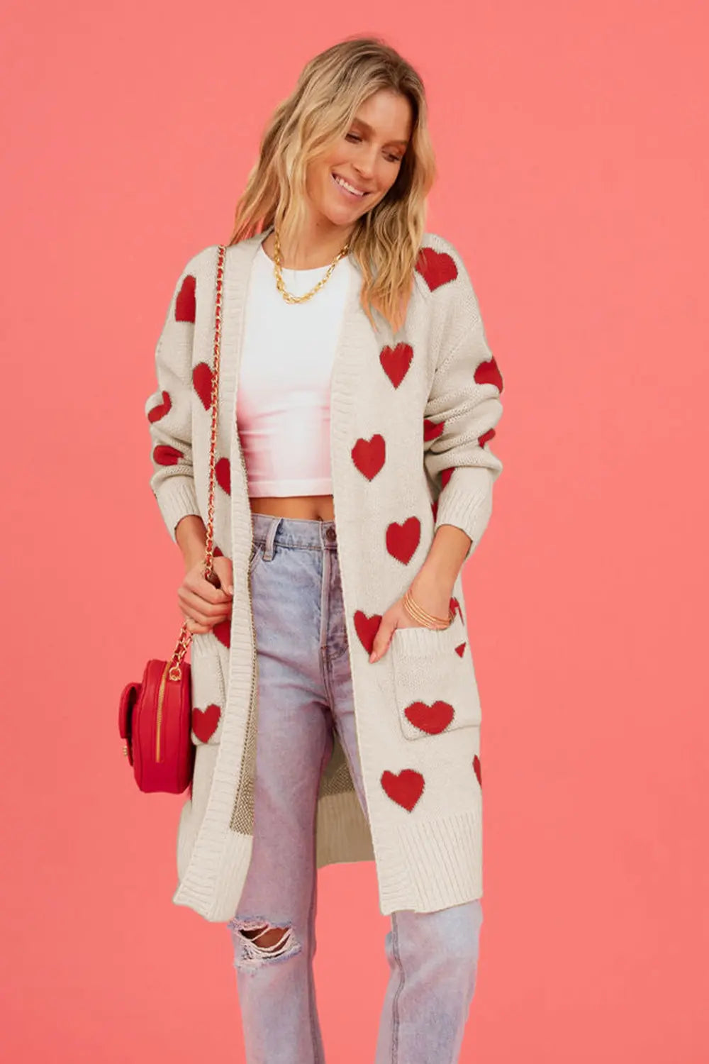 Image of Heart Graphic Open Front Cardigan with Pockets | Queeble.shop