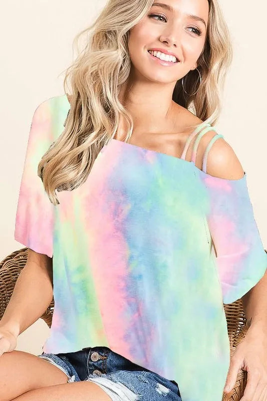 Image of BiBi Tie Dye French Terry Strapped One Shoulder Top | Queeble.shop