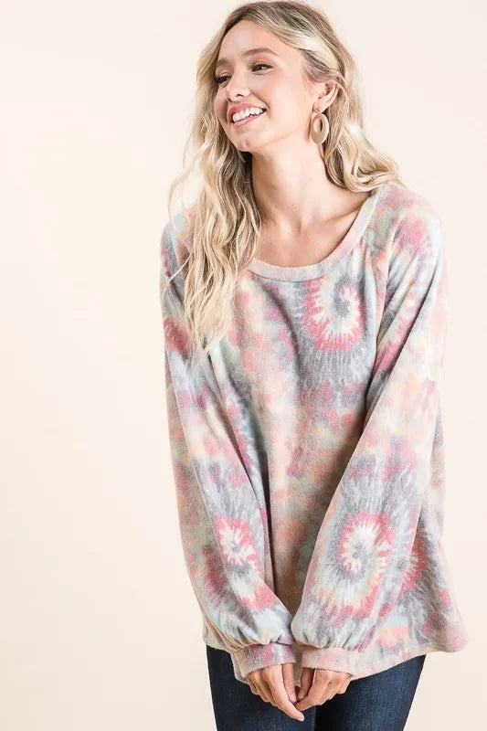 Image of BiBi Brushed Tie Dye Print Top with Puff Sleeves | Queeble.shop