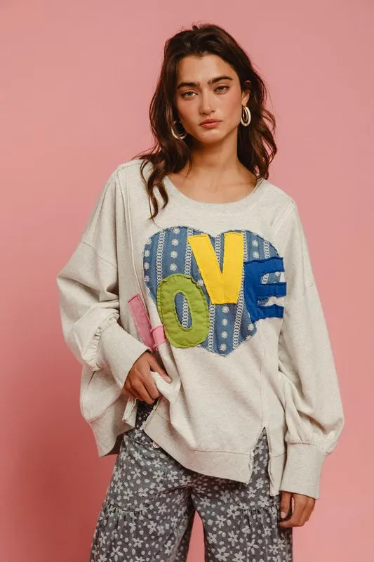 Image of BiBi LOVE Heart Patch Slit French Terry Sweatshirt | Queeble.shop