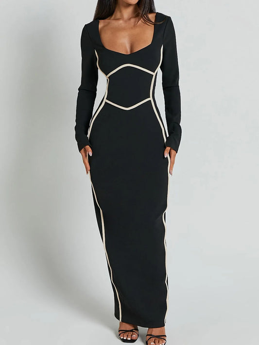 Image of Contrast Trim Long Sleeve Bodycon Maxi Dress | Queeble.shop