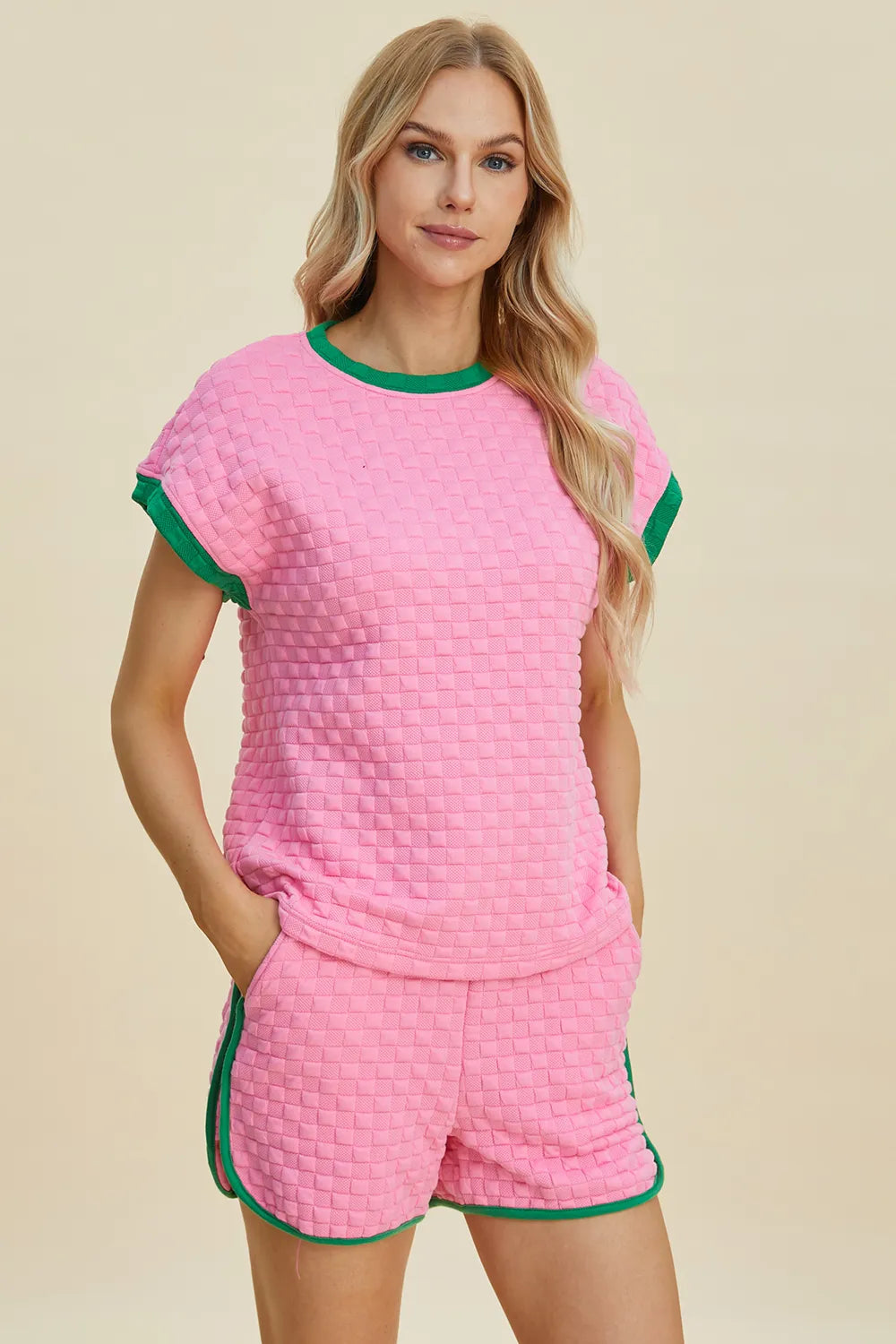 Image of Double Take Full Size Texture Contrast T-Shirt and Shorts Set | Queeble.shop