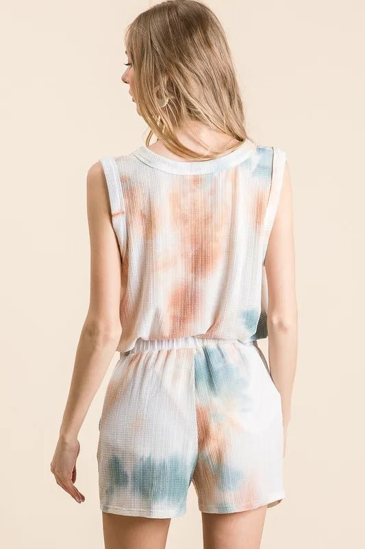 Image of BiBi Tie Dye Textured Knit Top and Shorts Set | Queeble.shop