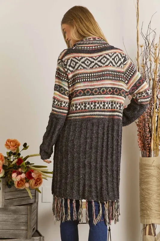 Image of ADORA Full Size Fringe Hem Aztec Cardigan Plus Size | Queeble.shop