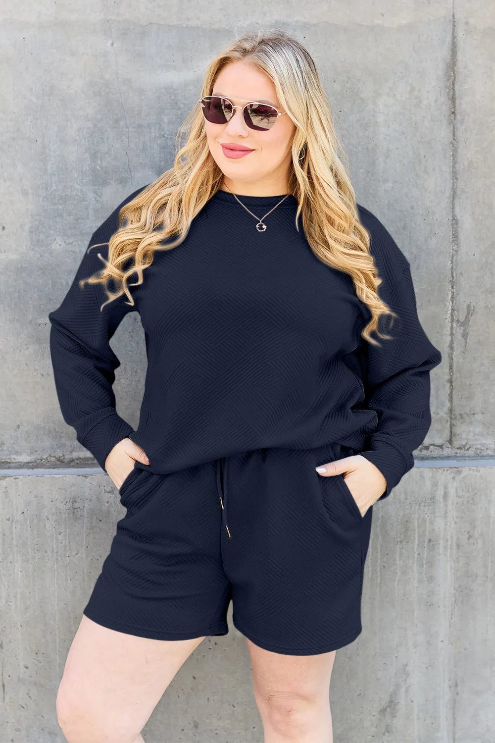 Image of Double Take Full Size Texture Long Sleeve Top and Drawstring Shorts Set | Queeble.shop