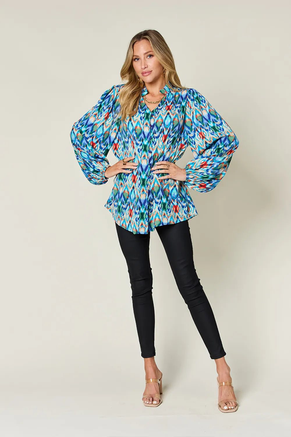 Image of Double Take Full Size Printed Balloon Sleeve Blouse | Queeble.shop