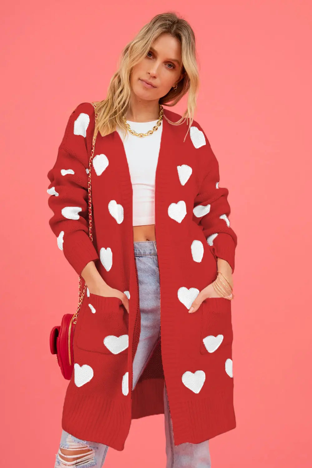 Image of Heart Graphic Open Front Cardigan with Pockets | Queeble.shop