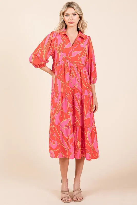 Image of Mittoshop Tiered Printed Collared Neck Midi Dress | Queeble.shop